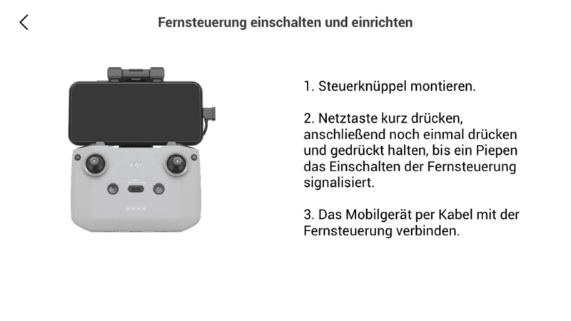 Die DJI Fly App zeigt wie Du die Fernsteuerung einschaltes und einrichtest.